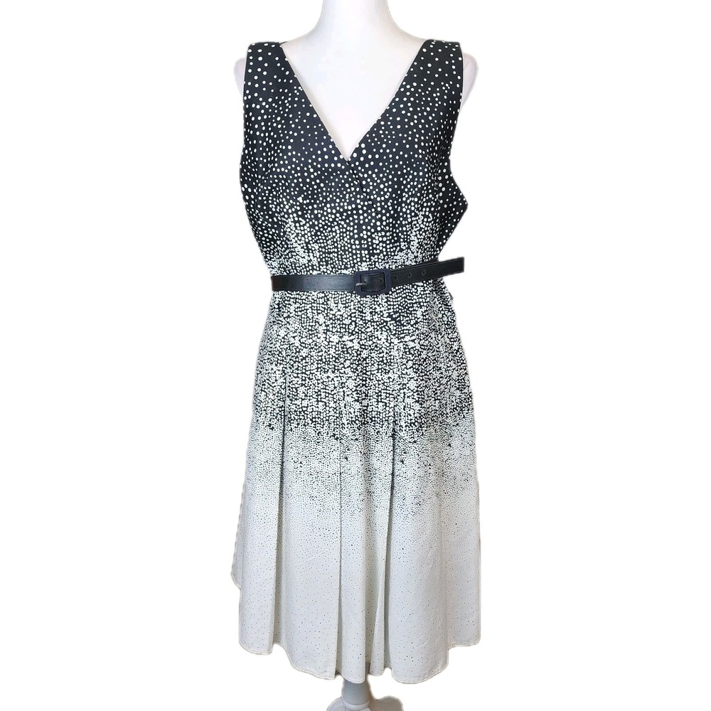 Kay Unger Fit Flare Dress‎ Womens 18 Black White Dot Pleats Belt Faux Wrap Party